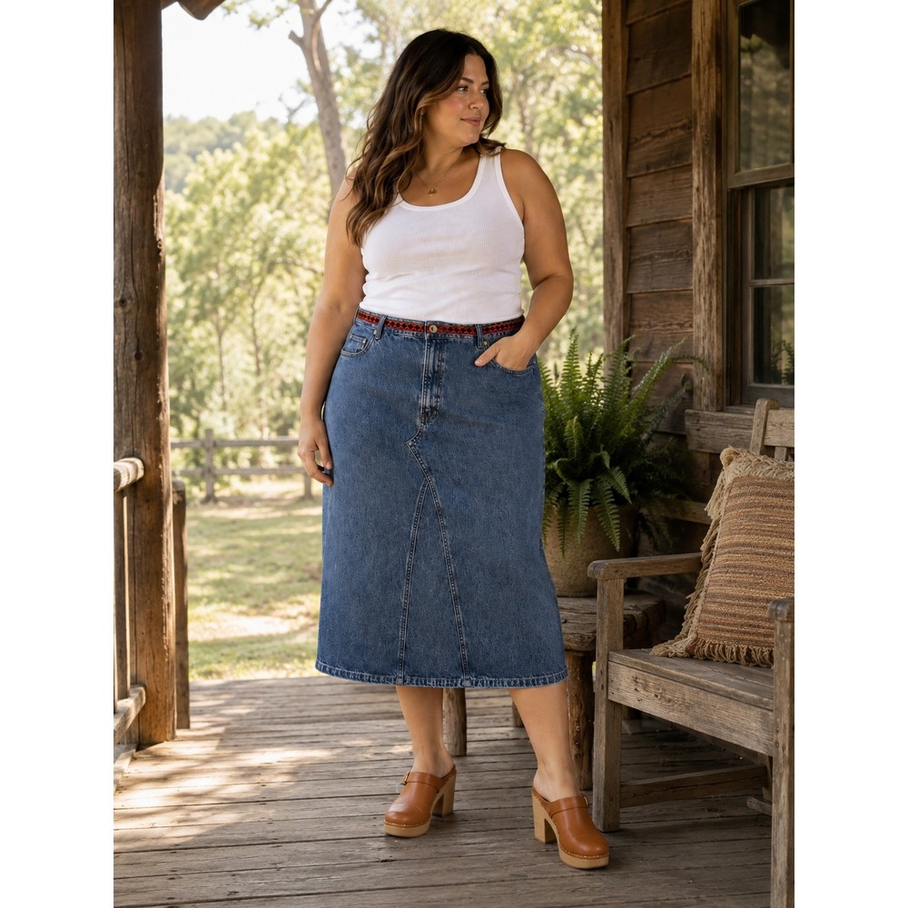 Venezia Jeans Denim Maxi Skirt Blue Embroidered Waistband Back Slit Size 16